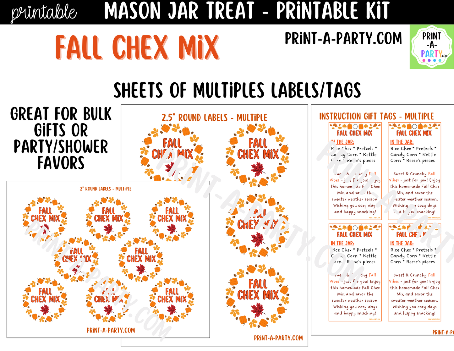 Fall Chex Mix in a Mason Jar Gift Printable Kit - Labels, Tag, Recipe & Instructions