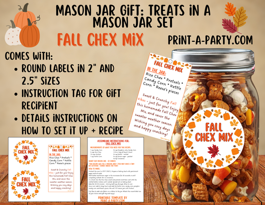 MASON JAR GIFT: Fall Chex Mix in a Mason Jar Gift Printable Kit - DIY Autumn Snack Mix for Teachers, Neighbors, Coworkers and more!