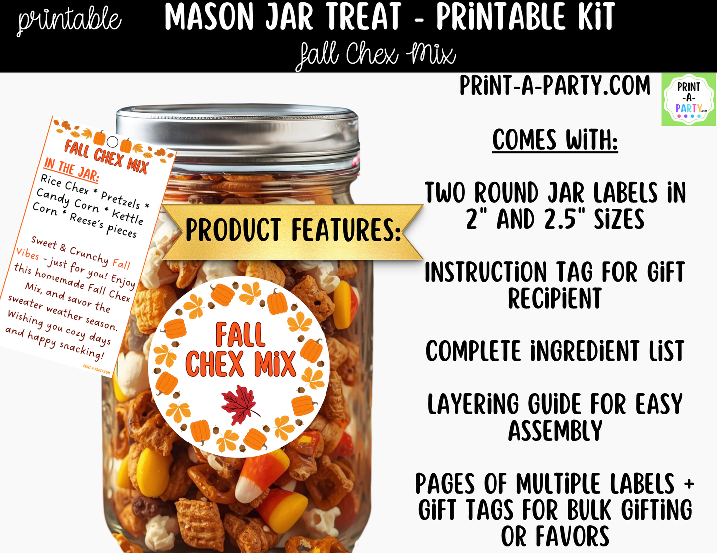 Fall Chex Mix in a Mason Jar Gift Printable Kit - Labels, Tag, Recipe & Instructions