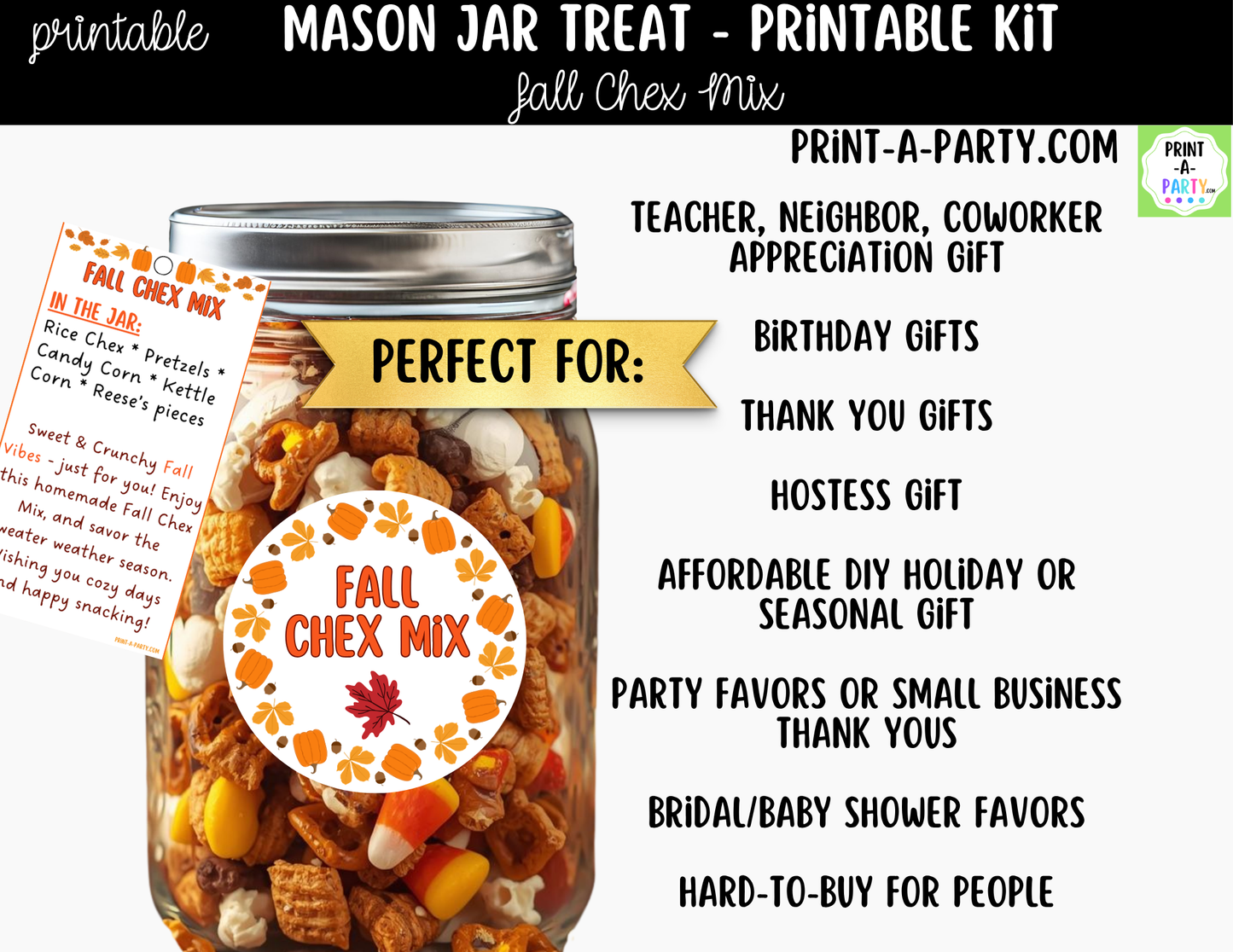Fall Chex Mix in a Mason Jar Gift Printable Kit - Labels, Tag, Recipe & Instructions