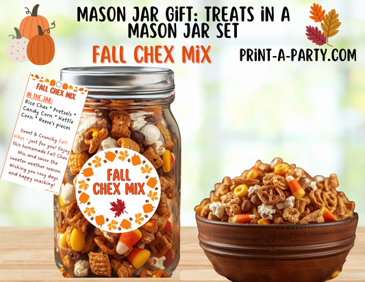 MASON JAR GIFT: Fall Chex Mix in a Mason Jar Gift Printable Kit - DIY Autumn Snack Mix for Teachers, Neighbors, Coworkers and more!