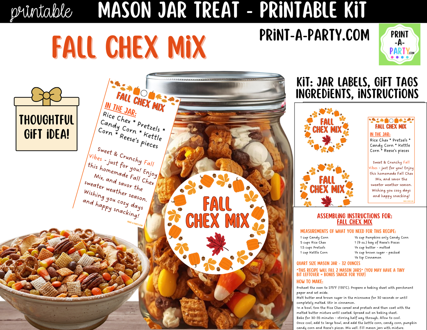 Fall Chex Mix in a Mason Jar Gift Printable Kit - Labels, Tag, Recipe & Instructions