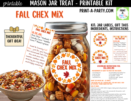 Fall Chex Mix in a Mason Jar Gift Printable Kit - Labels, Tag, Recipe & Instructions