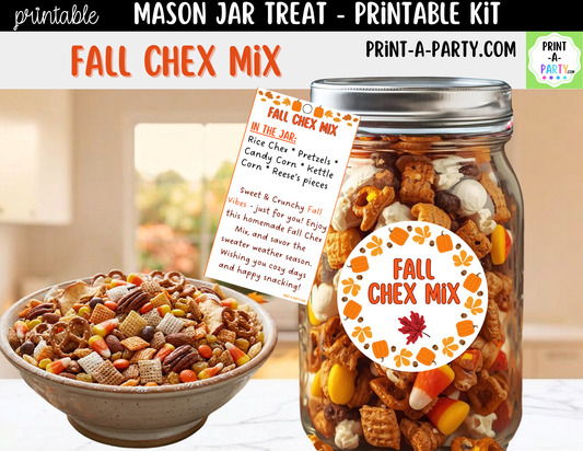Fall Chex Mix in a Mason Jar Gift Printable Kit - Labels, Tag, Recipe & Instructions