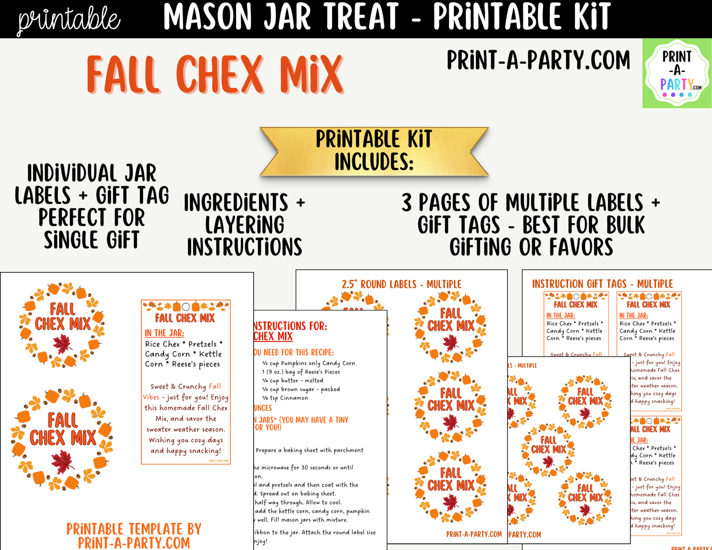 Fall Chex Mix in a Mason Jar Gift Printable Kit - Labels, Tag, Recipe & Instructions