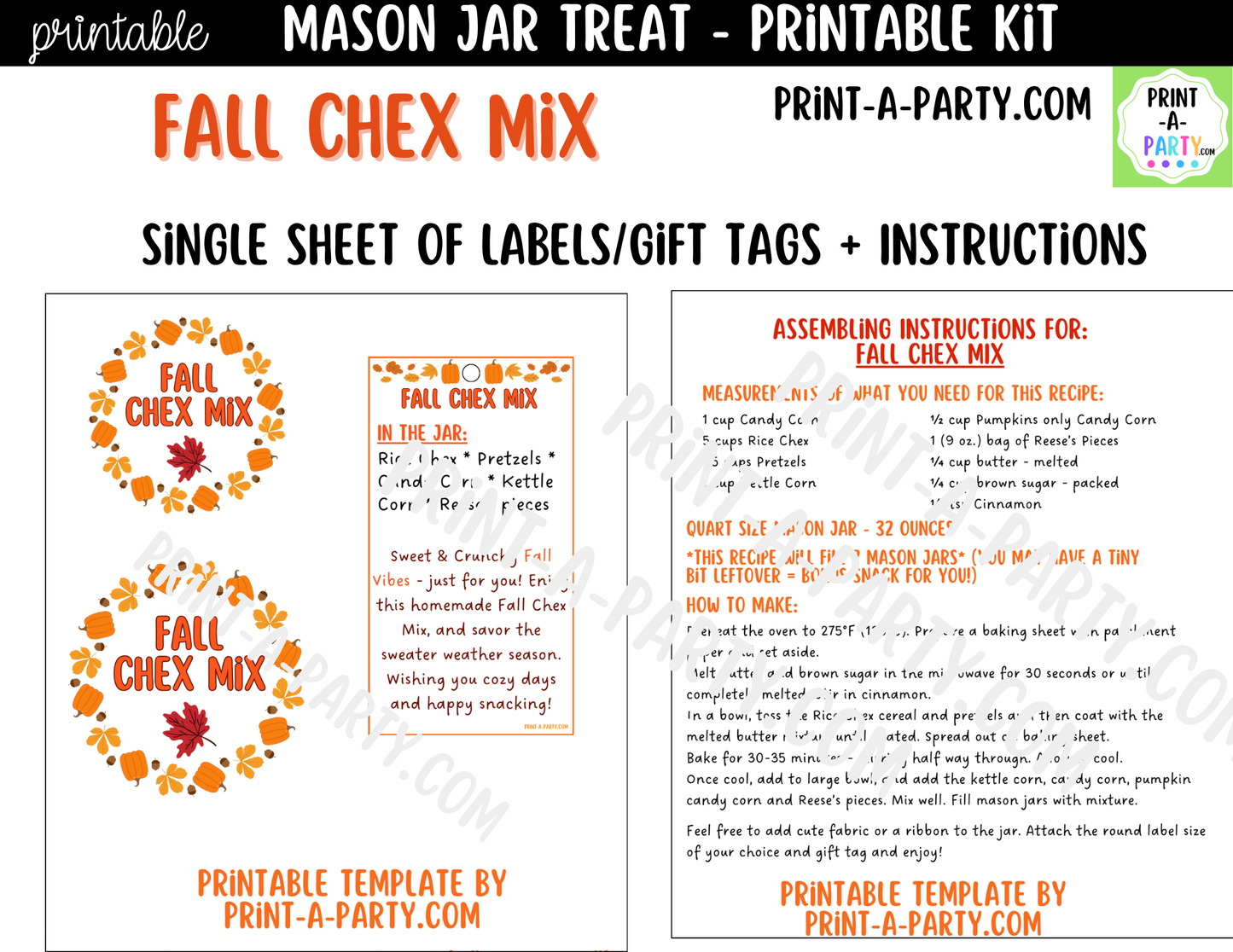 Fall Chex Mix in a Mason Jar Gift Printable Kit - Labels, Tag, Recipe & Instructions