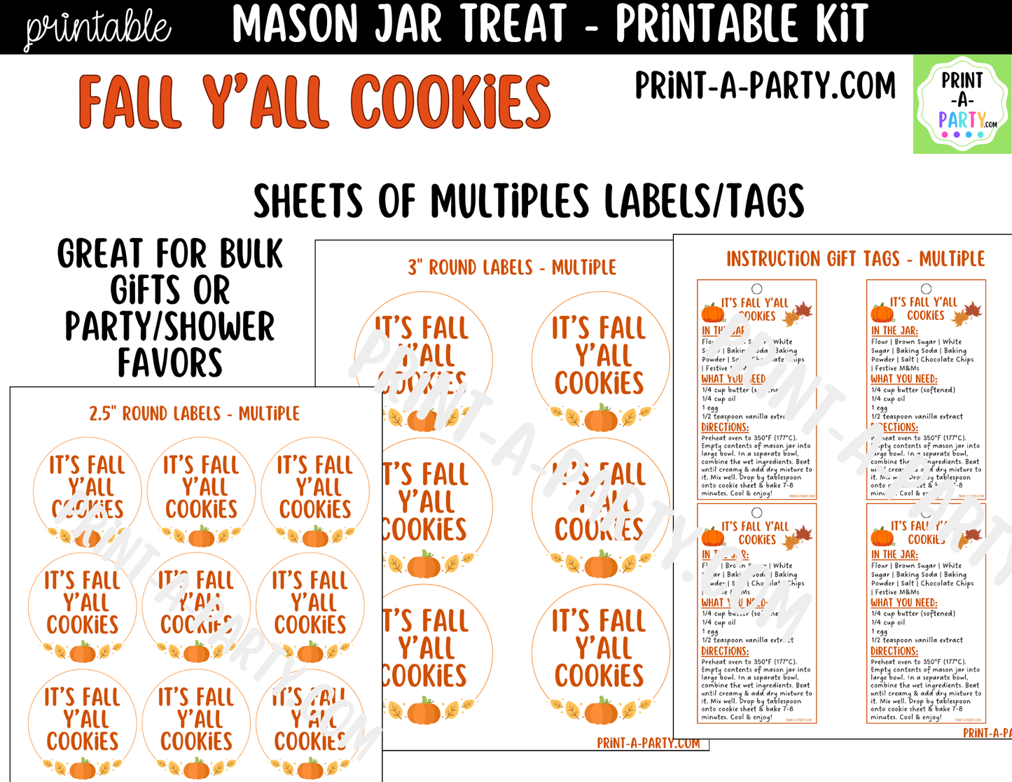 Fall Cookies in a Mason Jar Gift Printable Kit - Labels, Tag, Recipe and Instructions