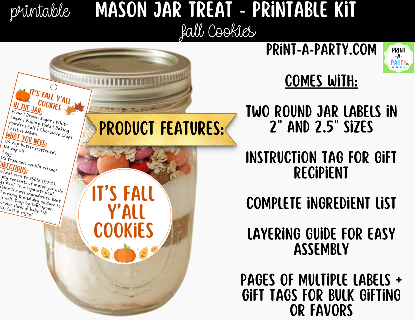 Fall Cookies in a Mason Jar Gift Printable Kit - Labels, Tag, Recipe and Instructions
