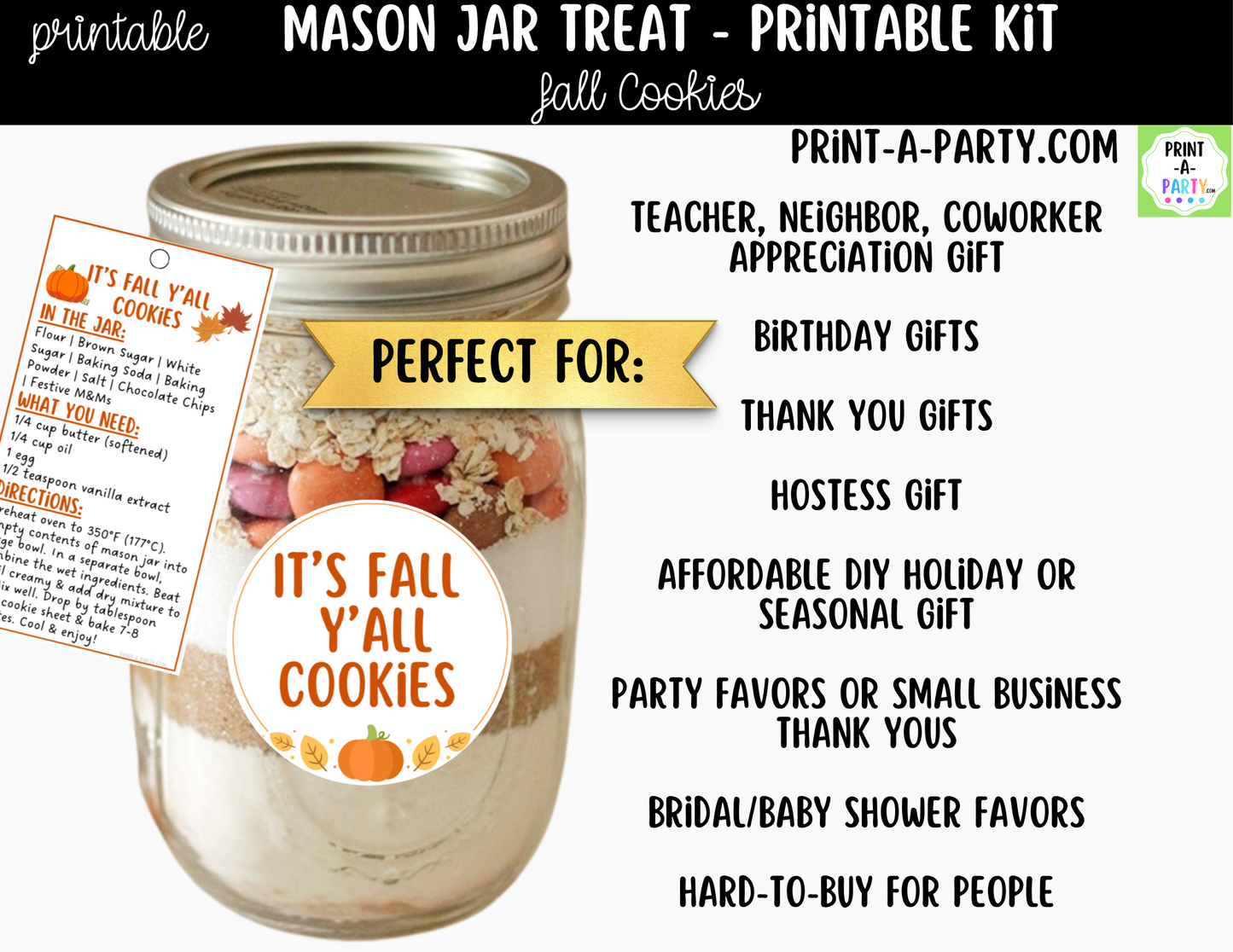 Fall Cookies in a Mason Jar Gift Printable Kit - Labels, Tag, Recipe and Instructions