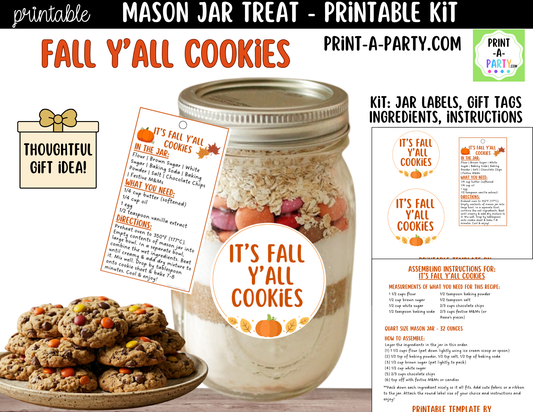 Fall Cookies in a Mason Jar Gift Printable Kit - Labels, Tag, Recipe and Instructions