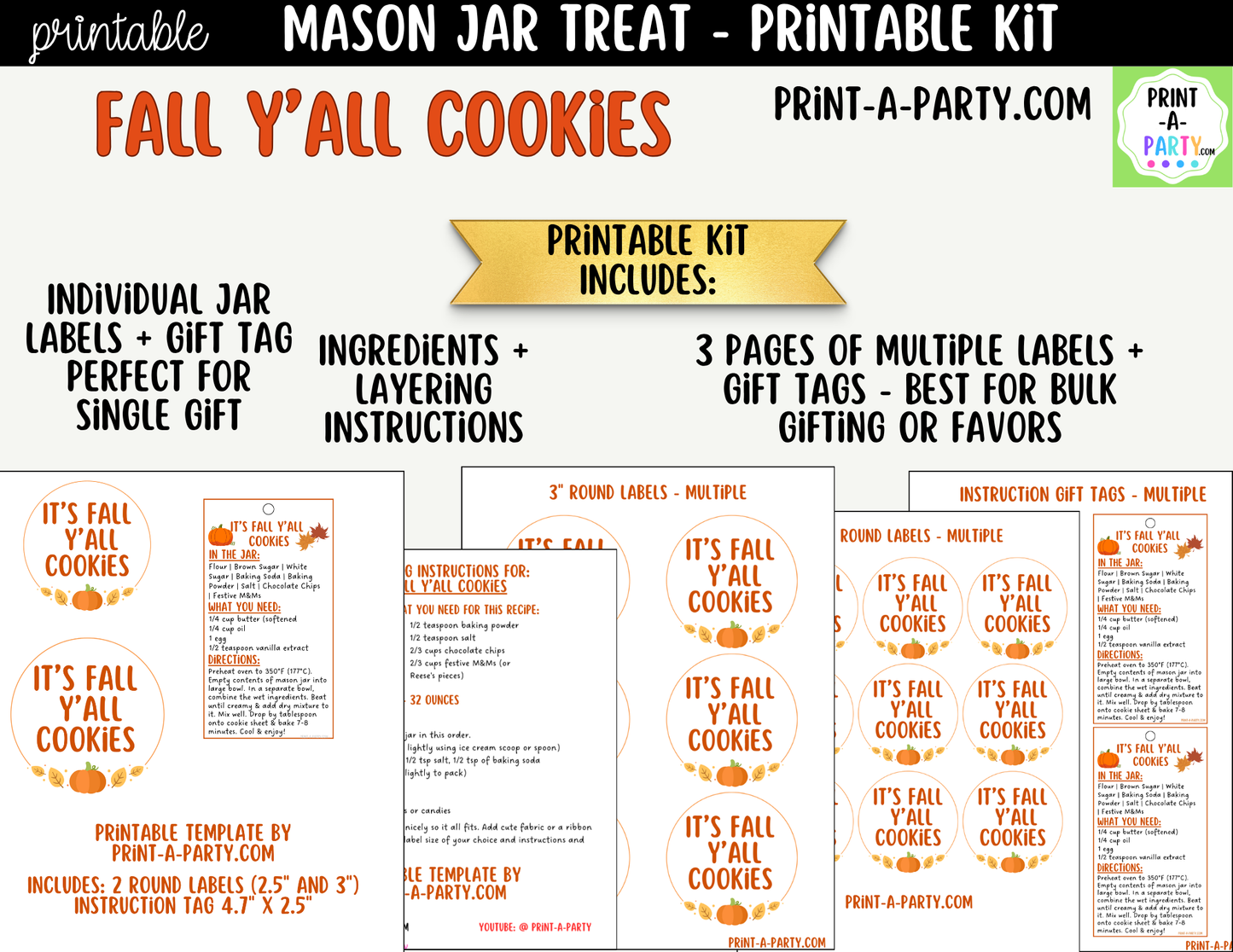 Fall Cookies in a Mason Jar Gift Printable Kit - Labels, Tag, Recipe and Instructions