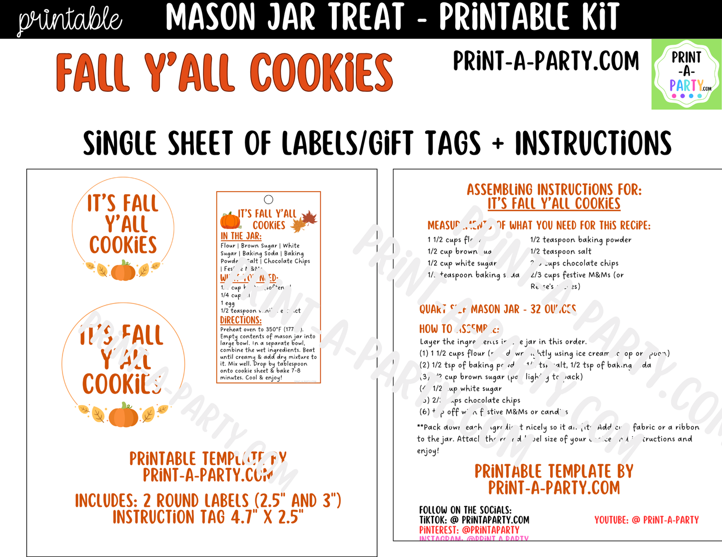 Fall Cookies in a Mason Jar Gift Printable Kit - Labels, Tag, Recipe and Instructions