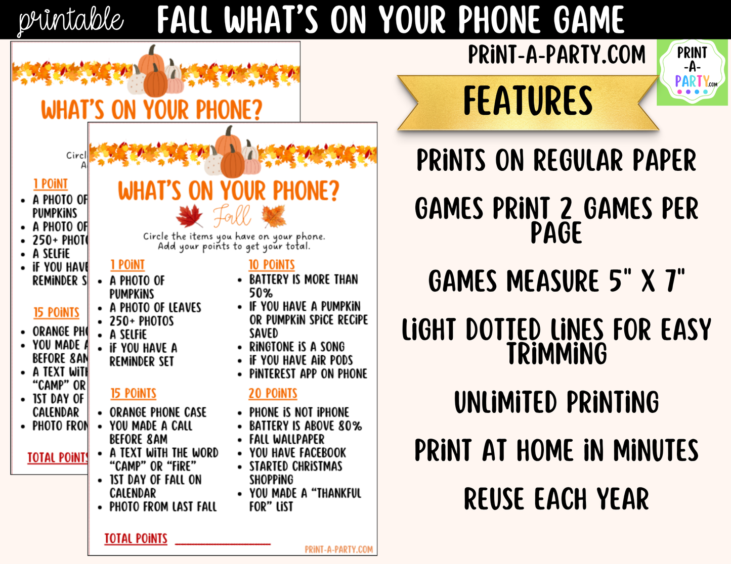 What's On Your Phone? Fall Party Game Printable | Autumn Party Activity