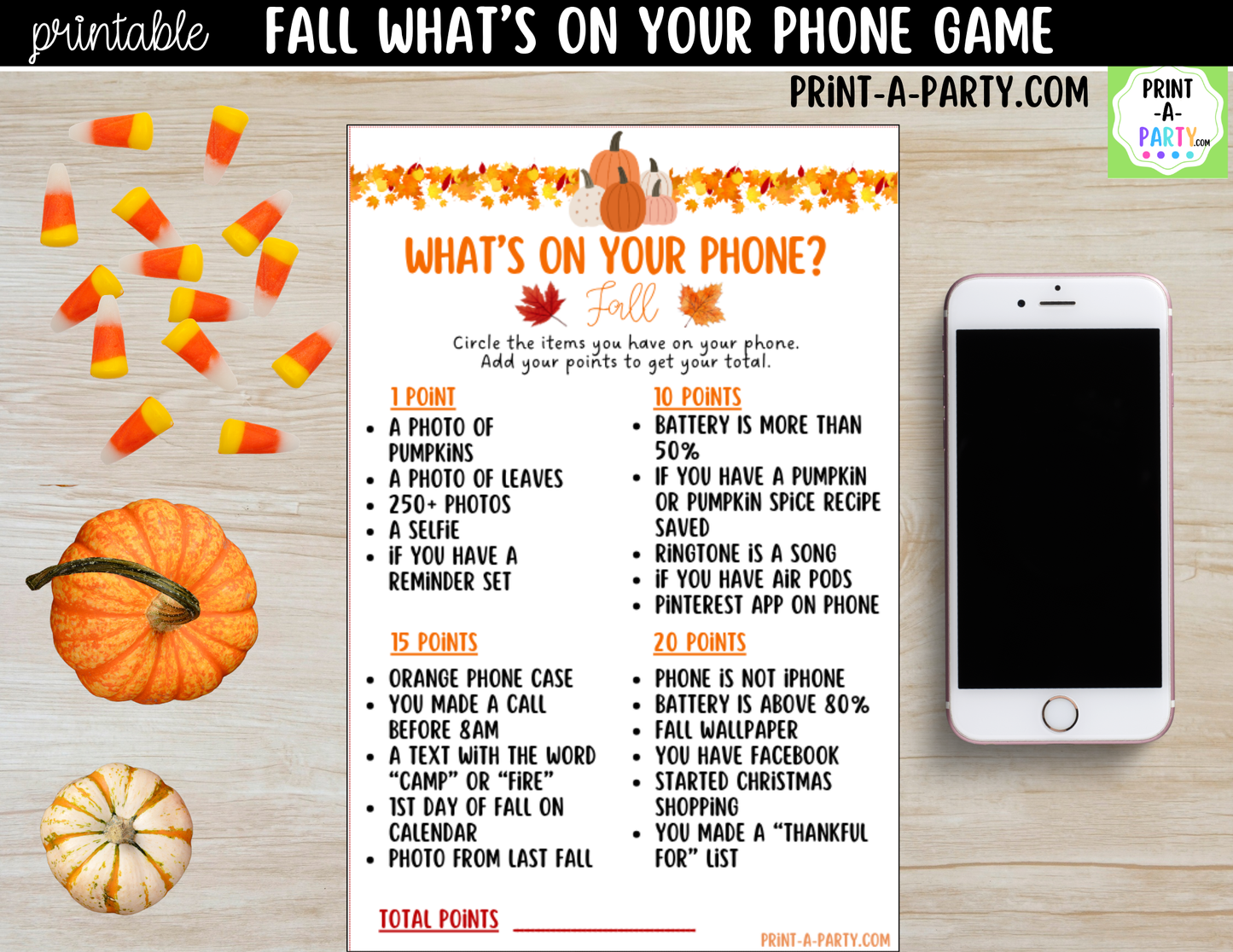 What's On Your Phone? Fall Party Game Printable | Autumn Party Activity