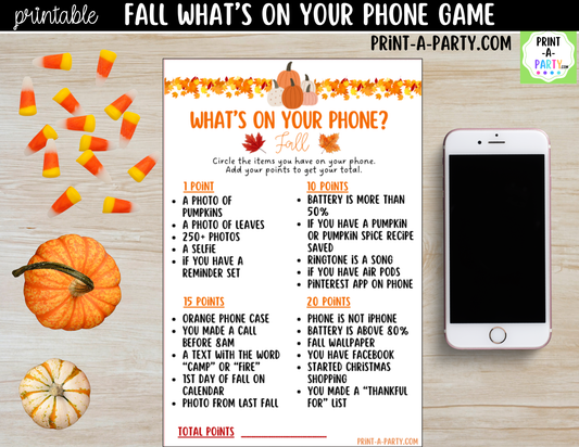 What's On Your Phone? Fall Party Game Printable | Autumn Party Activity