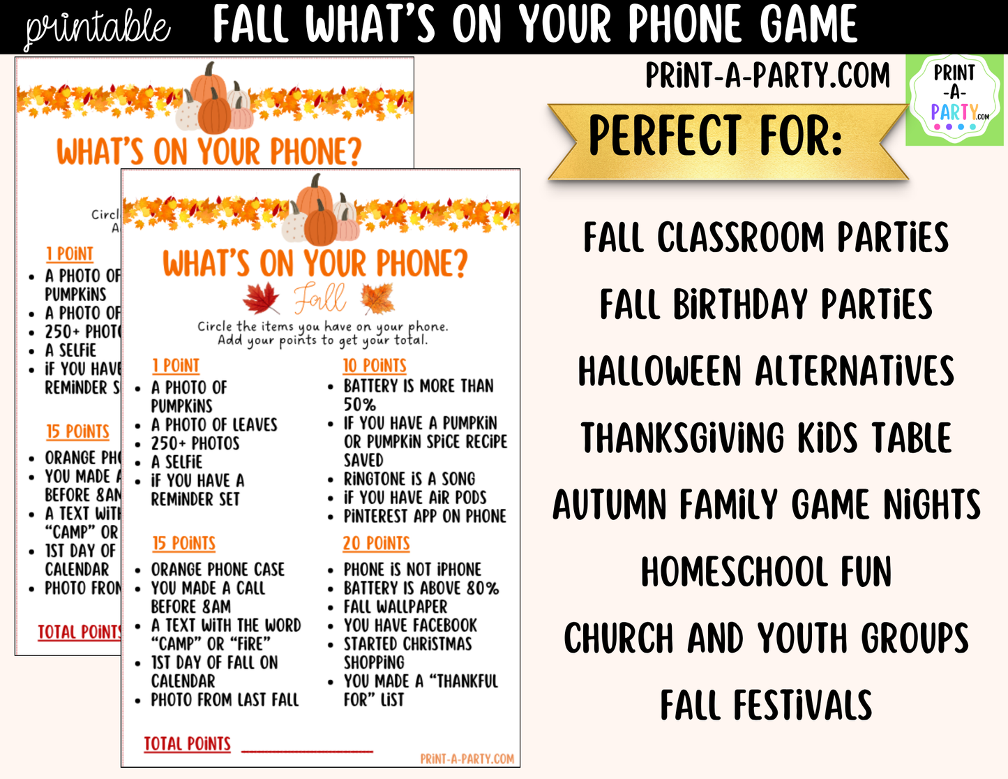 What's On Your Phone? Fall Party Game Printable | Autumn Party Activity