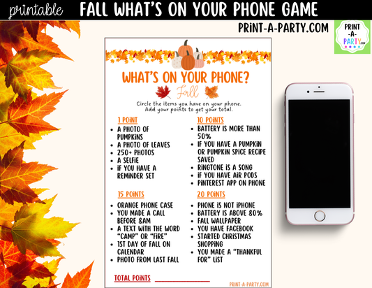 What's On Your Phone? Fall Party Game Printable | Autumn Party Activity