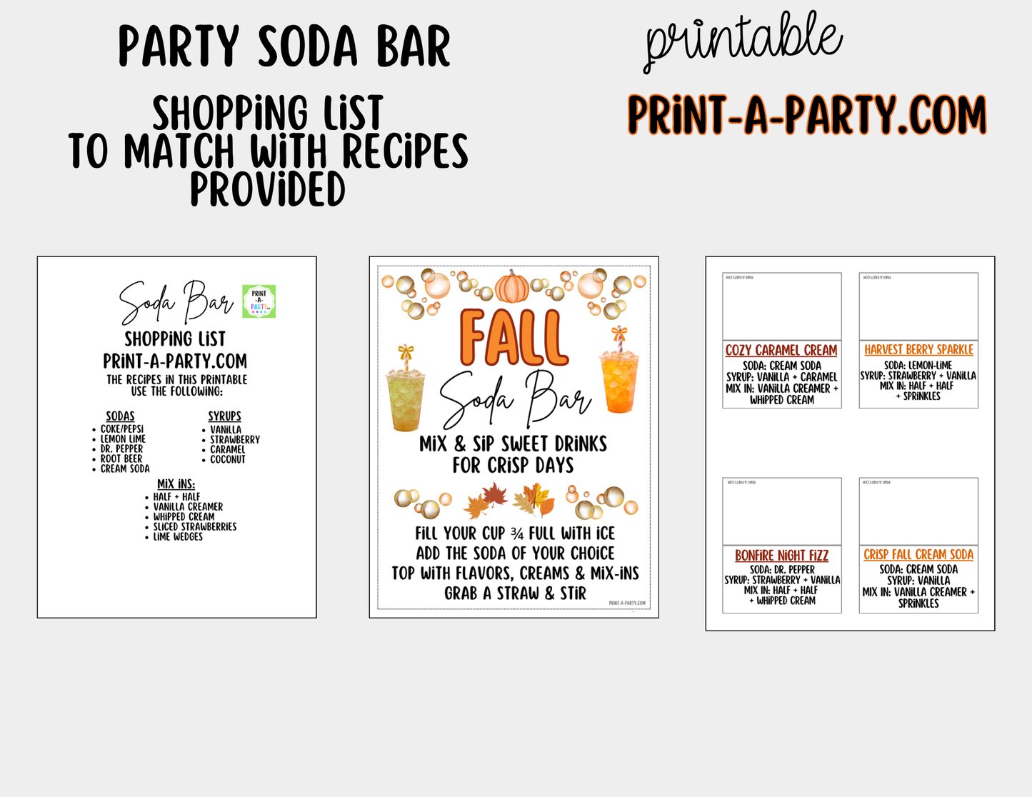 Fall "Dirty" Soda Bar Printable Kit - Sign (8x10) & Recipe Tent Cards (12 recipes!) Drink Station Decor