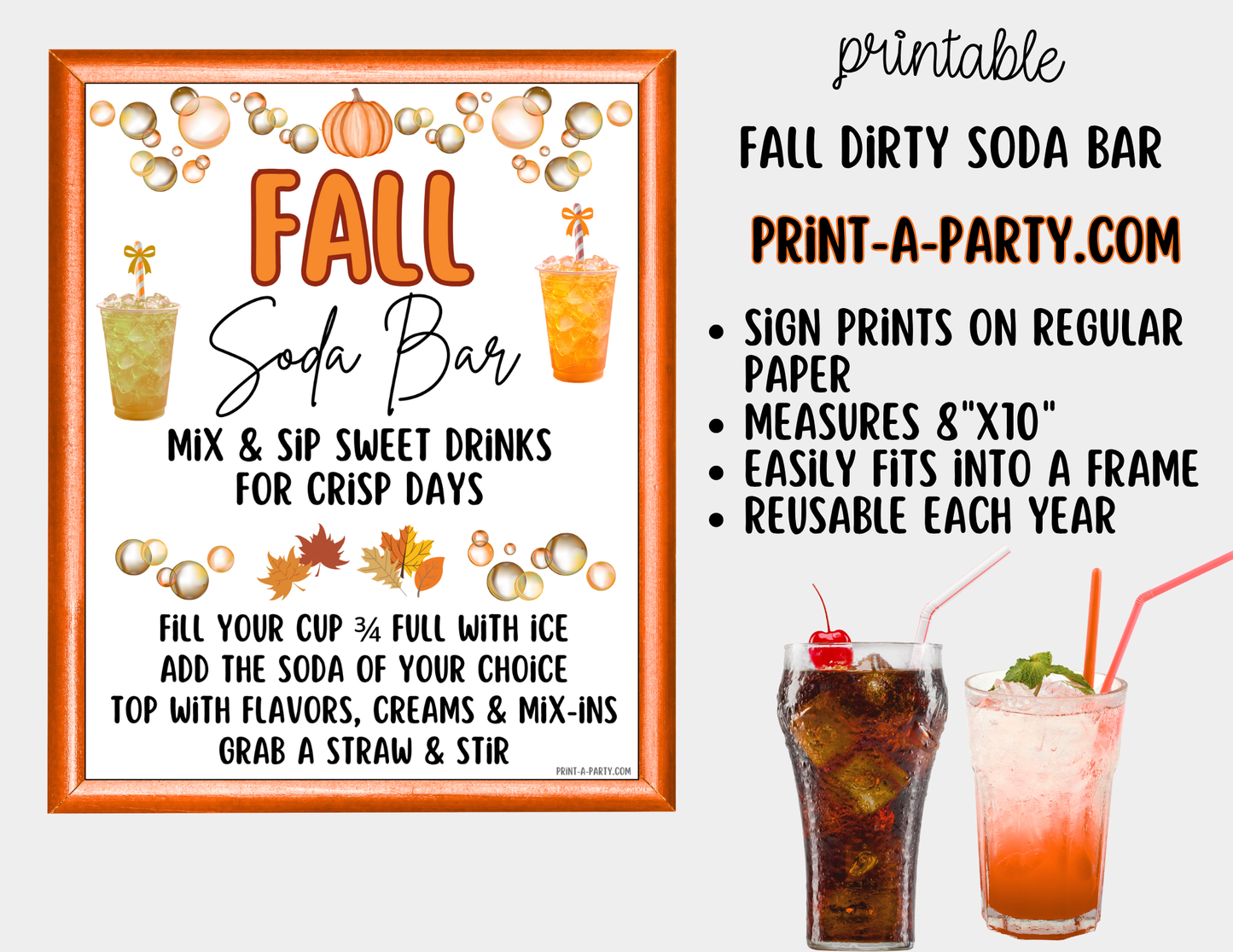 Fall "Dirty" Soda Bar Printable Kit - Sign (8x10) & Recipe Tent Cards (12 recipes!) Drink Station Decor