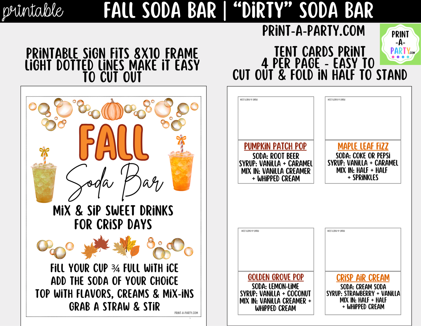 Fall "Dirty" Soda Bar Printable Kit - Sign (8x10) & Recipe Tent Cards (12 recipes!) Drink Station Decor