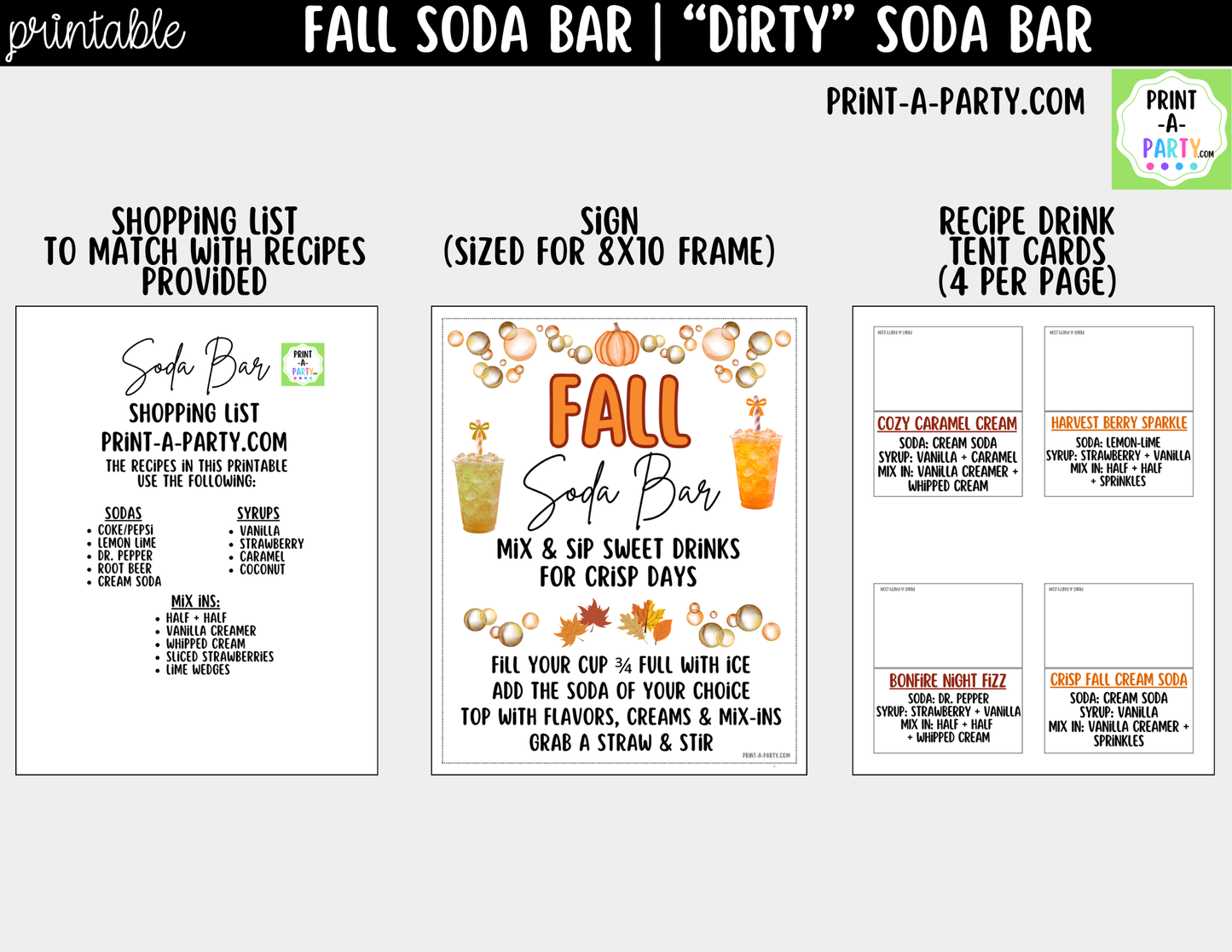 Fall "Dirty" Soda Bar Printable Kit - Sign (8x10) & Recipe Tent Cards (12 recipes!) Drink Station Decor