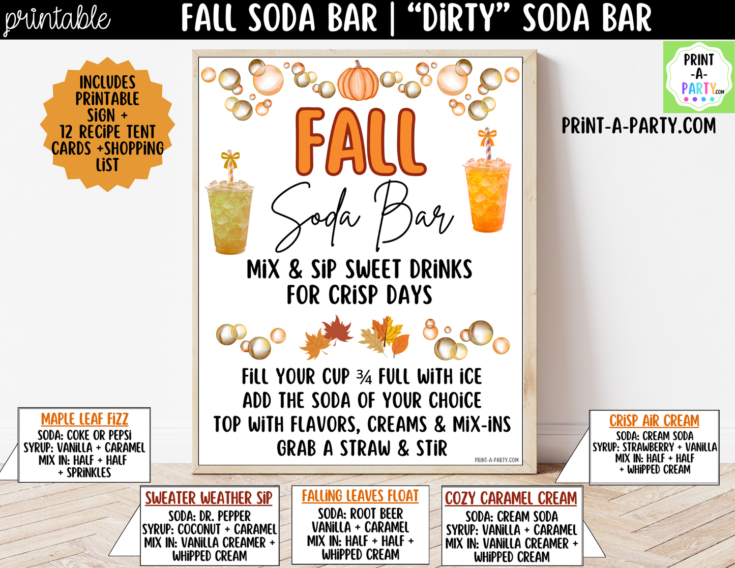 Fall "Dirty" Soda Bar Printable Kit - Sign (8x10) & Recipe Tent Cards (12 recipes!) Drink Station Decor