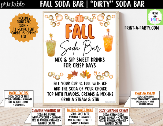 Fall "Dirty" Soda Bar Printable Kit - Sign (8x10) & Recipe Tent Cards (12 recipes!) Drink Station Decor