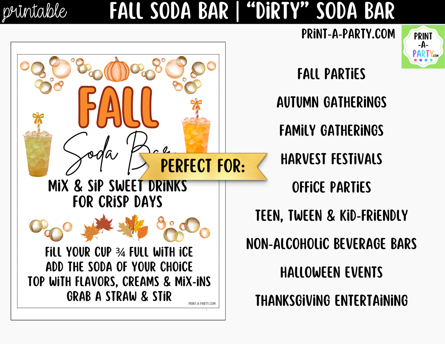 Fall "Dirty" Soda Bar Printable Kit - Sign (8x10) & Recipe Tent Cards (12 recipes!) Drink Station Decor