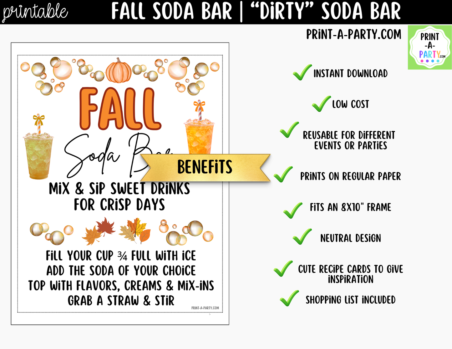 Fall "Dirty" Soda Bar Printable Kit - Sign (8x10) & Recipe Tent Cards (12 recipes!) Drink Station Decor