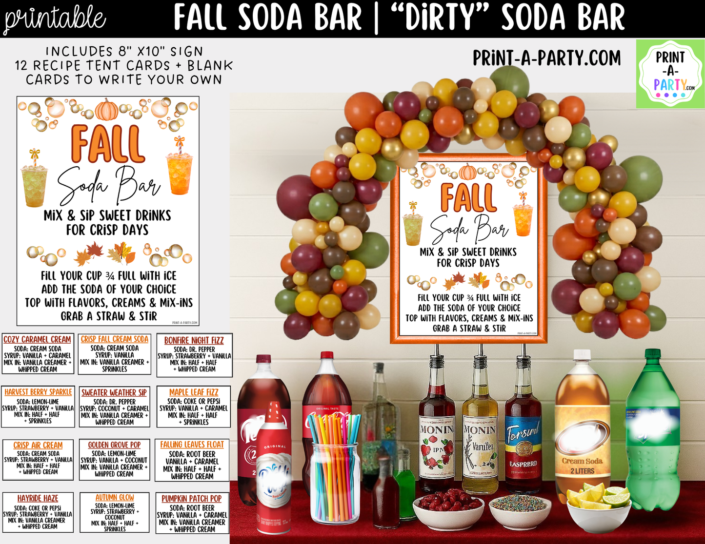 Fall "Dirty" Soda Bar Printable Kit - Sign (8x10) & Recipe Tent Cards (12 recipes!) Drink Station Decor