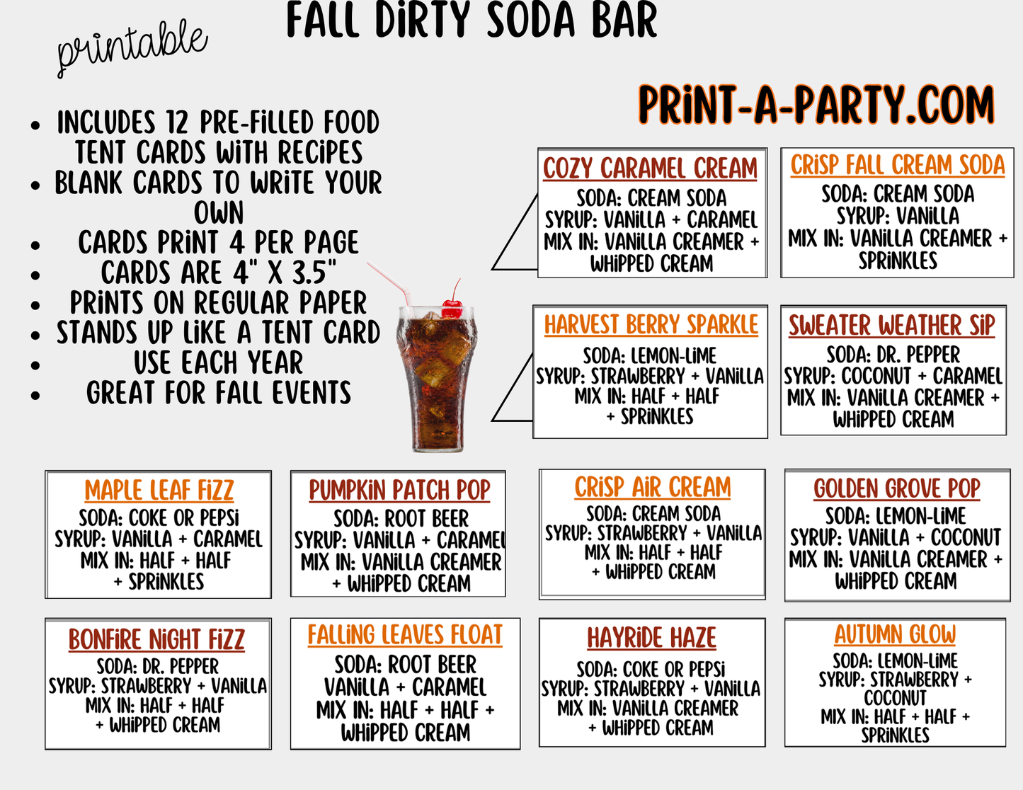 Fall "Dirty" Soda Bar Printable Kit - Sign (8x10) & Recipe Tent Cards (12 recipes!) Drink Station Decor