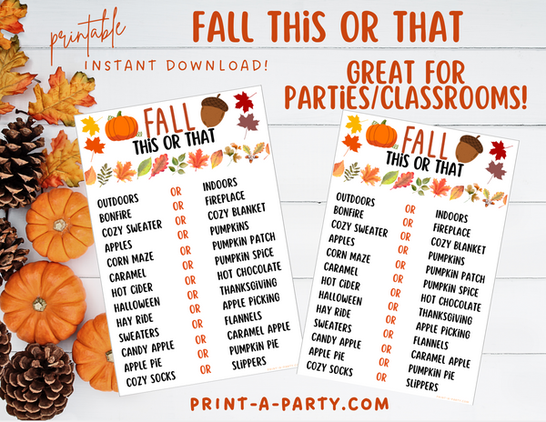 This or That Game - Fall | Autumn Themed - Printable Game – PrintAParty