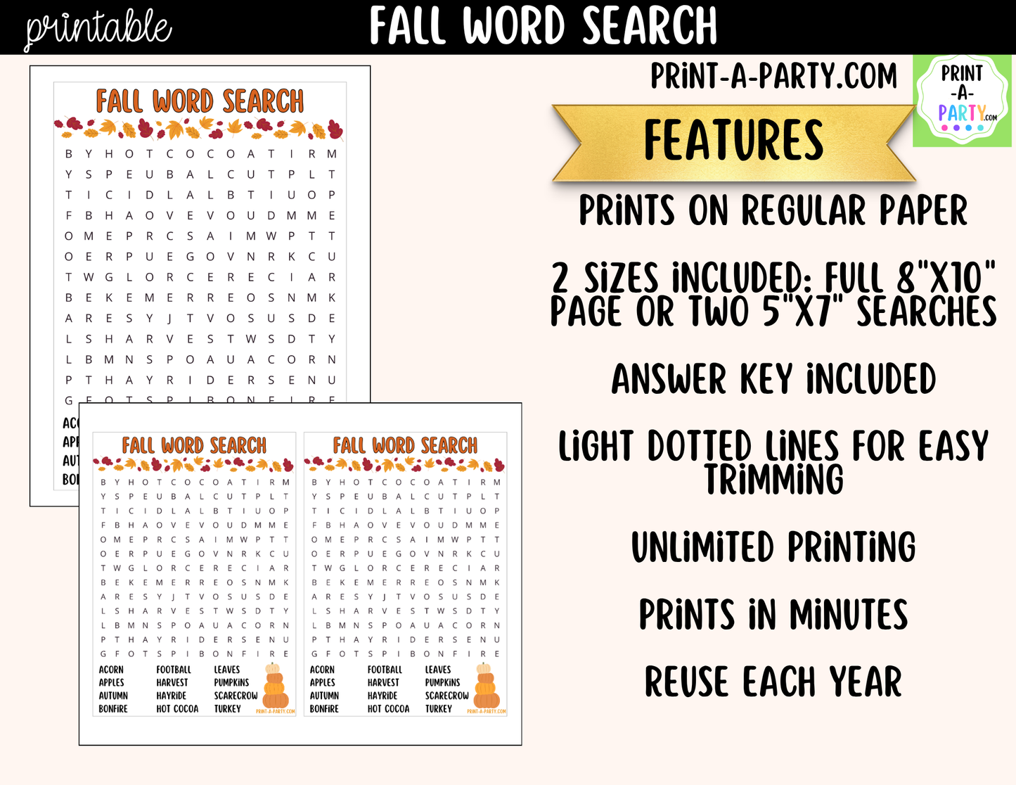 Fall Word Search Printable | Autumn Activity for Kids | Instant Download PDF