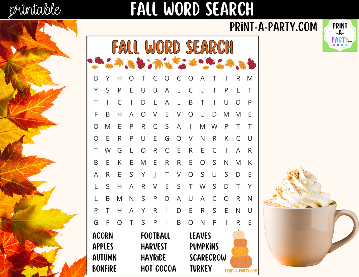 Fall Word Search Printable | Autumn Activity for Kids | Instant Download PDF