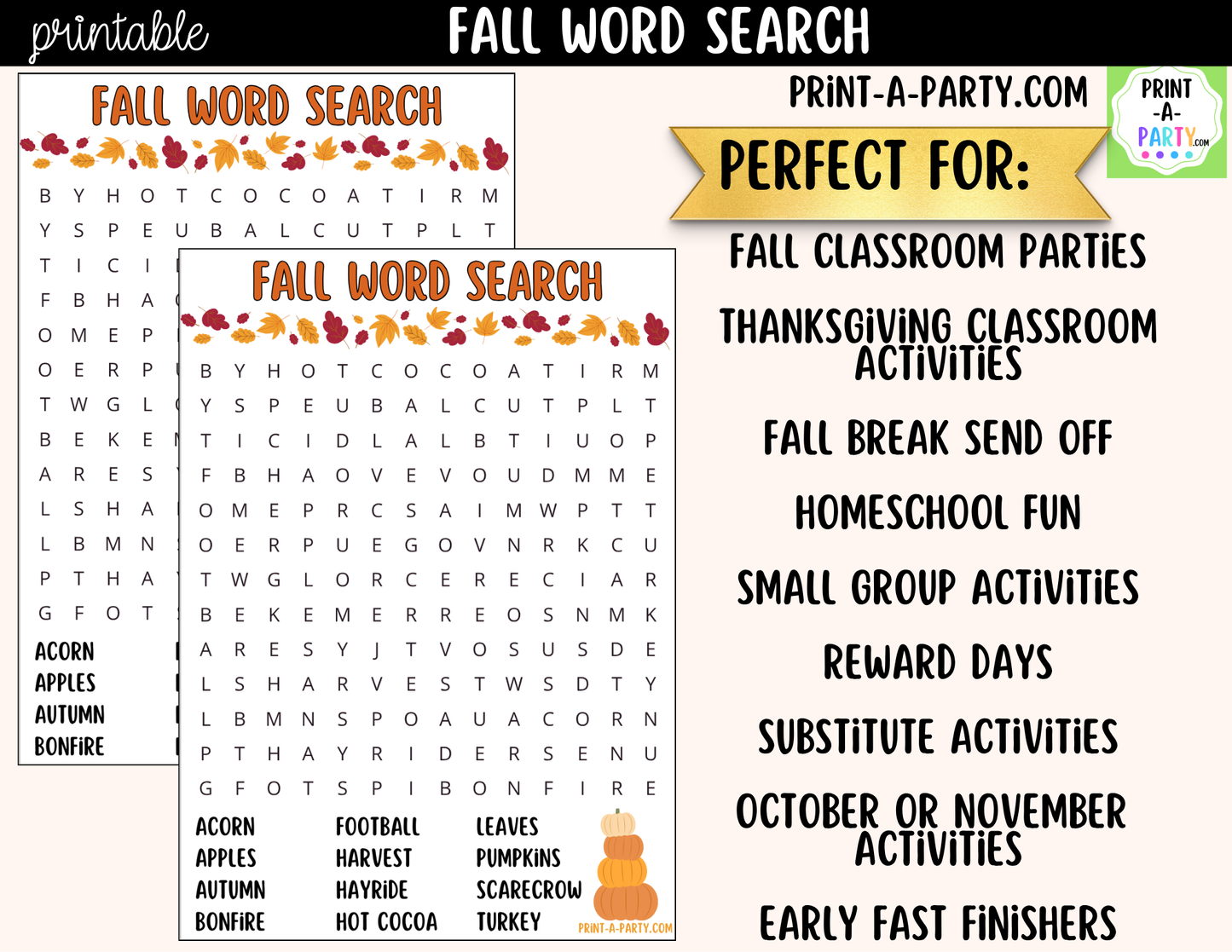Fall Word Search Printable | Autumn Activity for Kids | Instant Download PDF