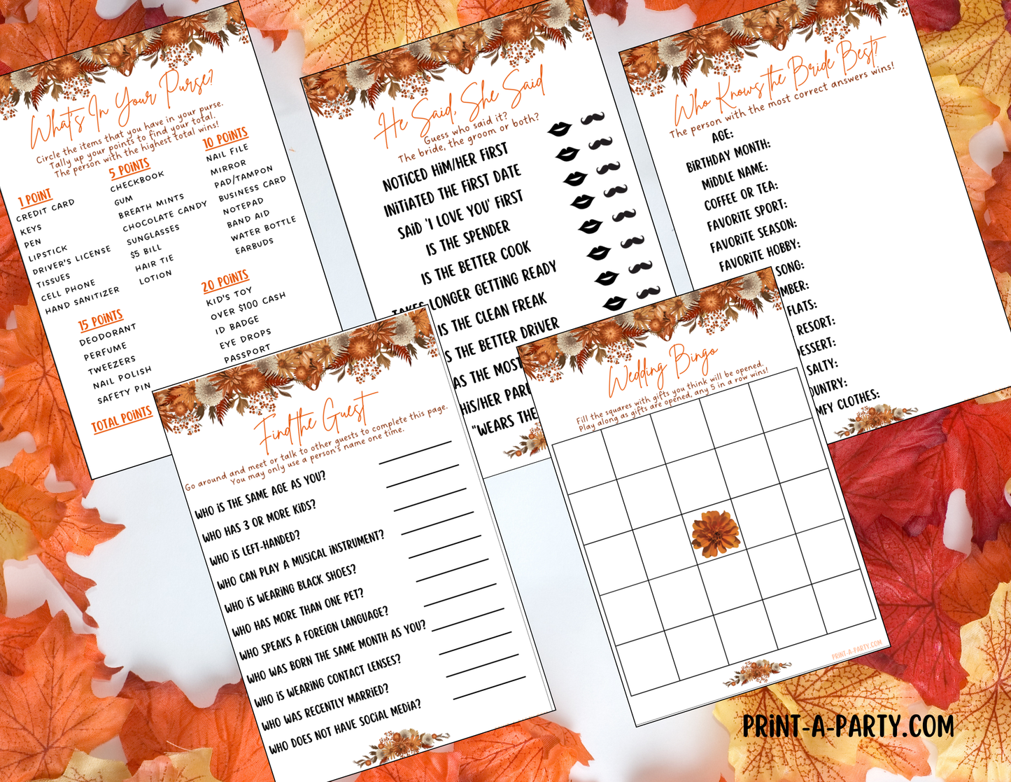 GAME BUNDLE: Bridal Wedding Shower Engagement Party Game Bundle | Fall Wedding | Fall Wedding Theme | Burnt Orange Wedding Florals | Printable