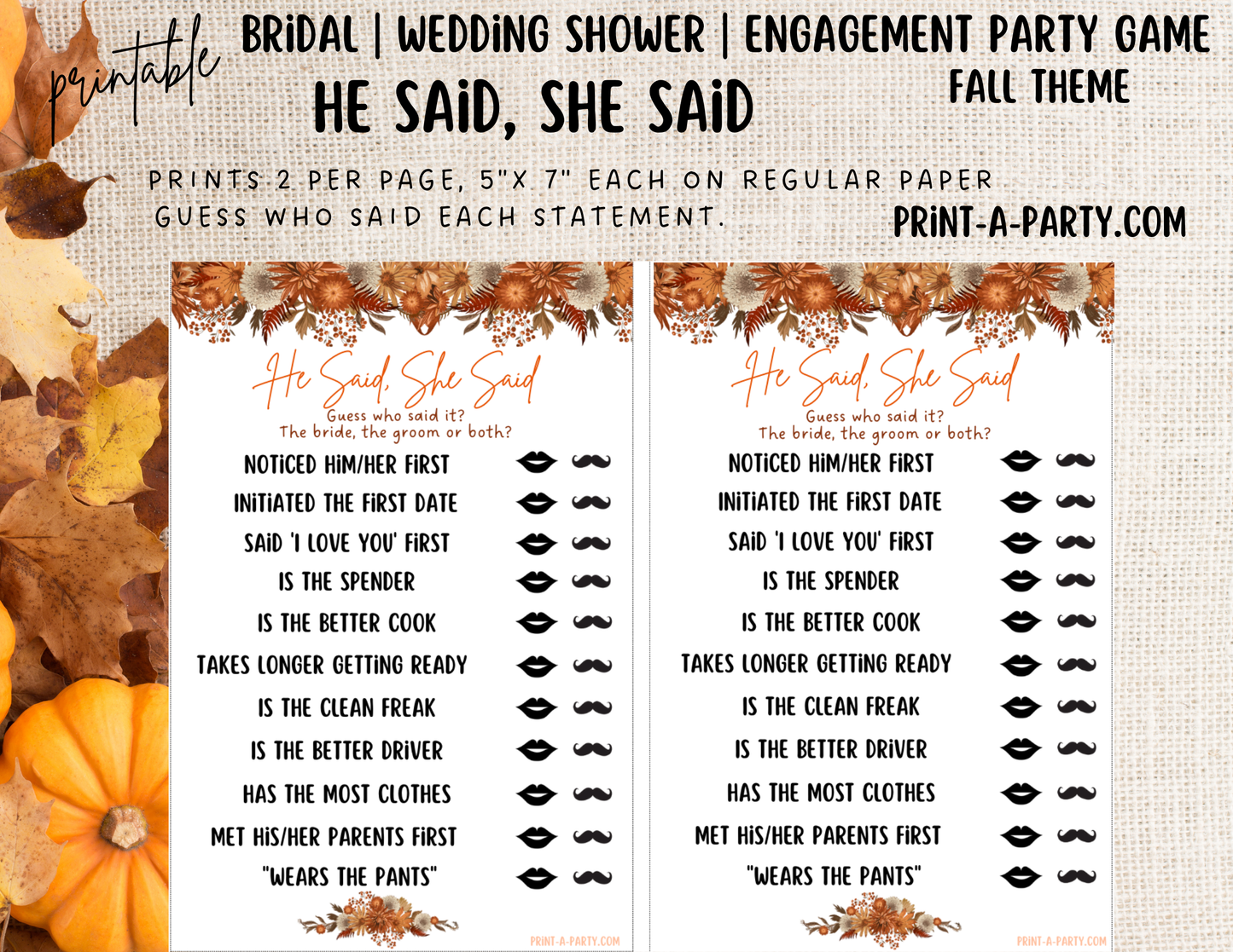 GAME BUNDLE: Bridal Wedding Shower Engagement Party Game Bundle | Fall Wedding | Fall Wedding Theme | Burnt Orange Wedding Florals | Printable