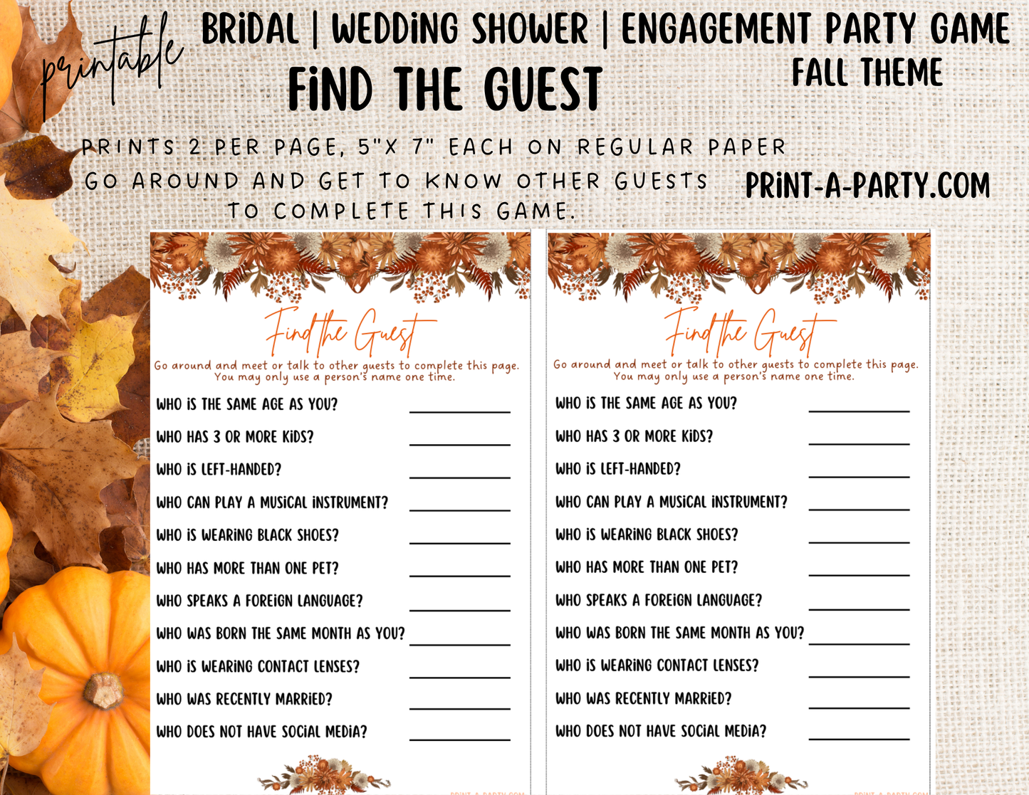 GAME BUNDLE: Bridal Wedding Shower Engagement Party Game Bundle | Fall Wedding | Fall Wedding Theme | Burnt Orange Wedding Florals | Printable