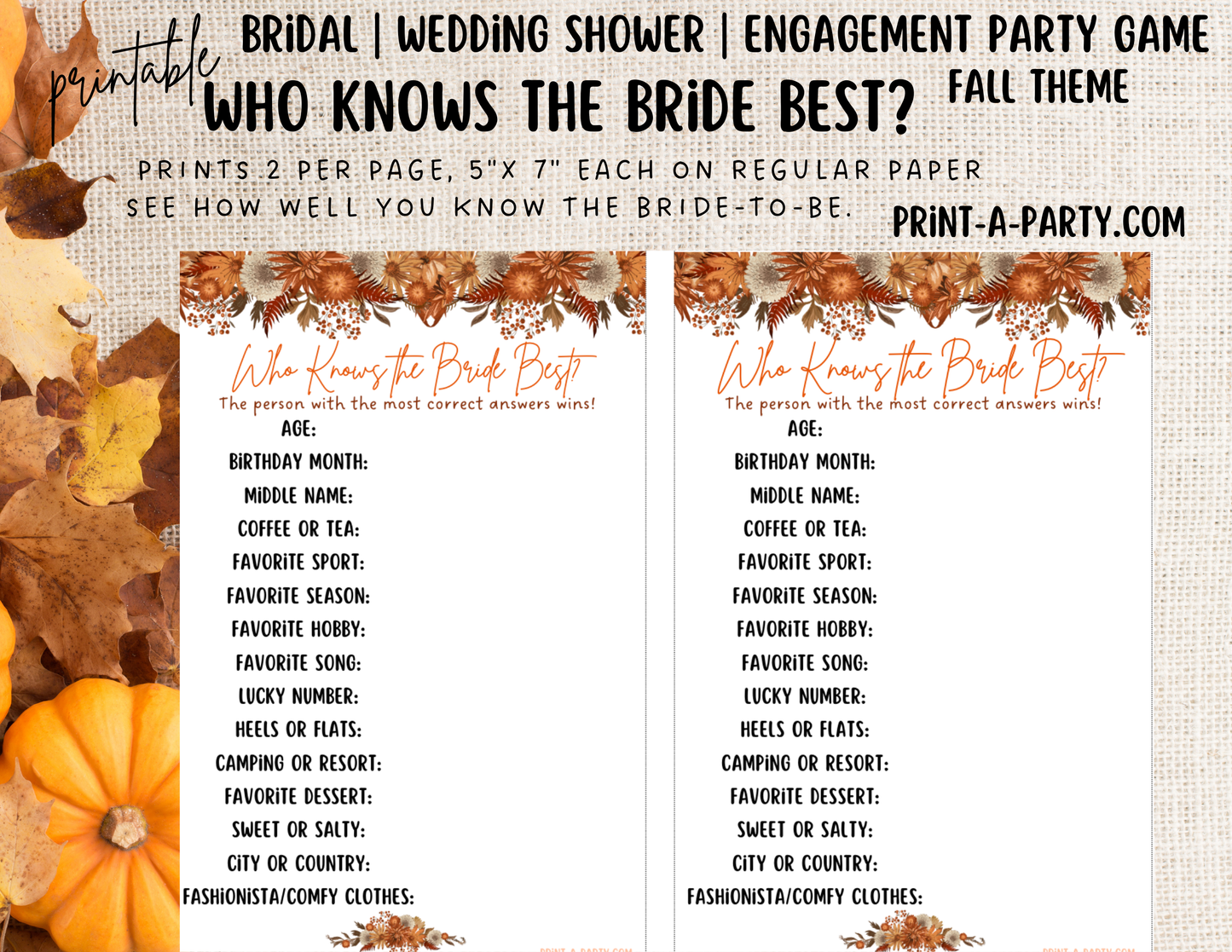 GAME BUNDLE: Bridal Wedding Shower Engagement Party Game Bundle | Fall Wedding | Fall Wedding Theme | Burnt Orange Wedding Florals | Printable