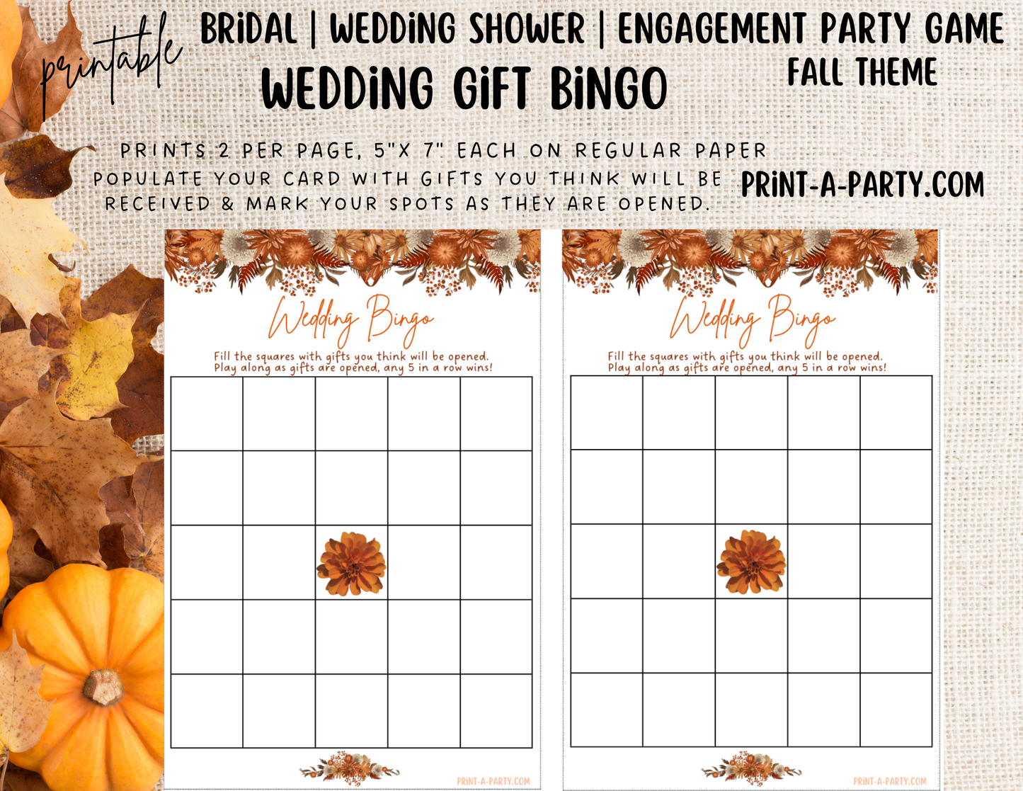 GAME BUNDLE: Bridal Wedding Shower Engagement Party Game Bundle | Fall Wedding | Fall Wedding Theme | Burnt Orange Wedding Florals | Printable