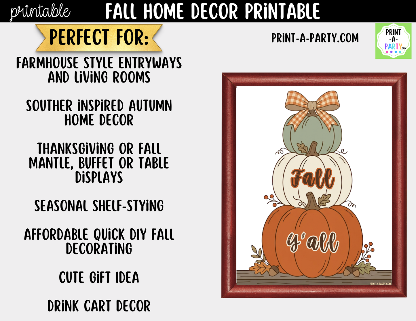 Printable Fall Wall Art | Fall Y'All Farmhouse Sign | Autumn Decor