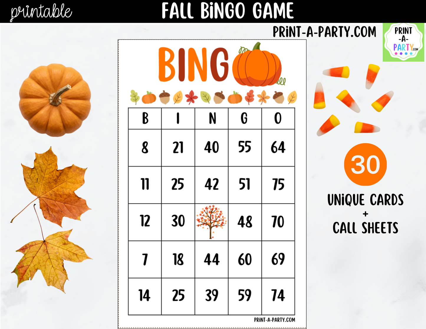 Fall Bingo Game Printable – Pumpkin Autumn-Themed Activity for Classrooms, Parties & Family Fun