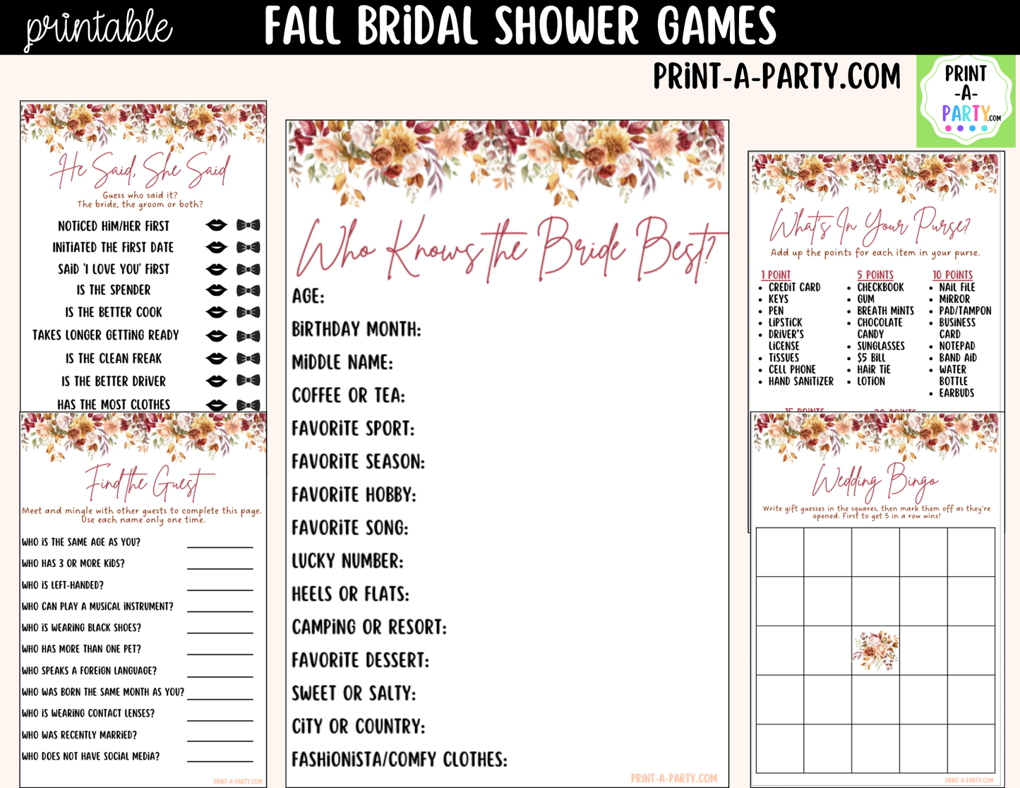 Fall Bridal Shower Games Printable | Autumn Wedding Shower Game Bundle