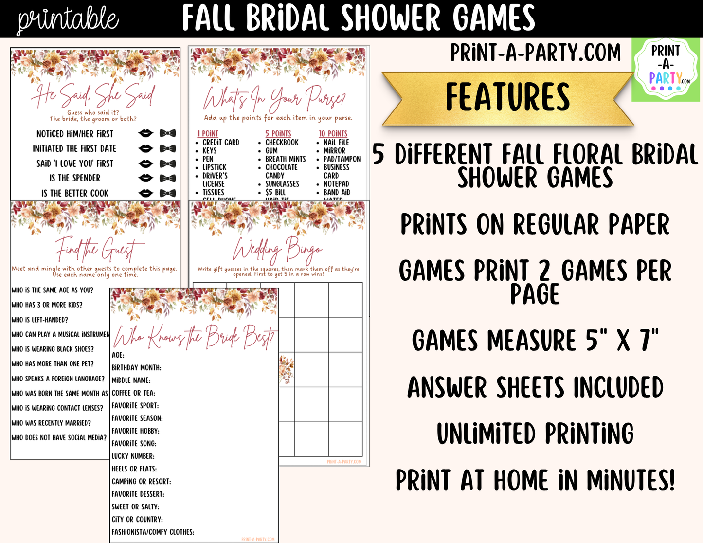 Fall Bridal Shower Games Printable | Autumn Wedding Shower Game Bundle