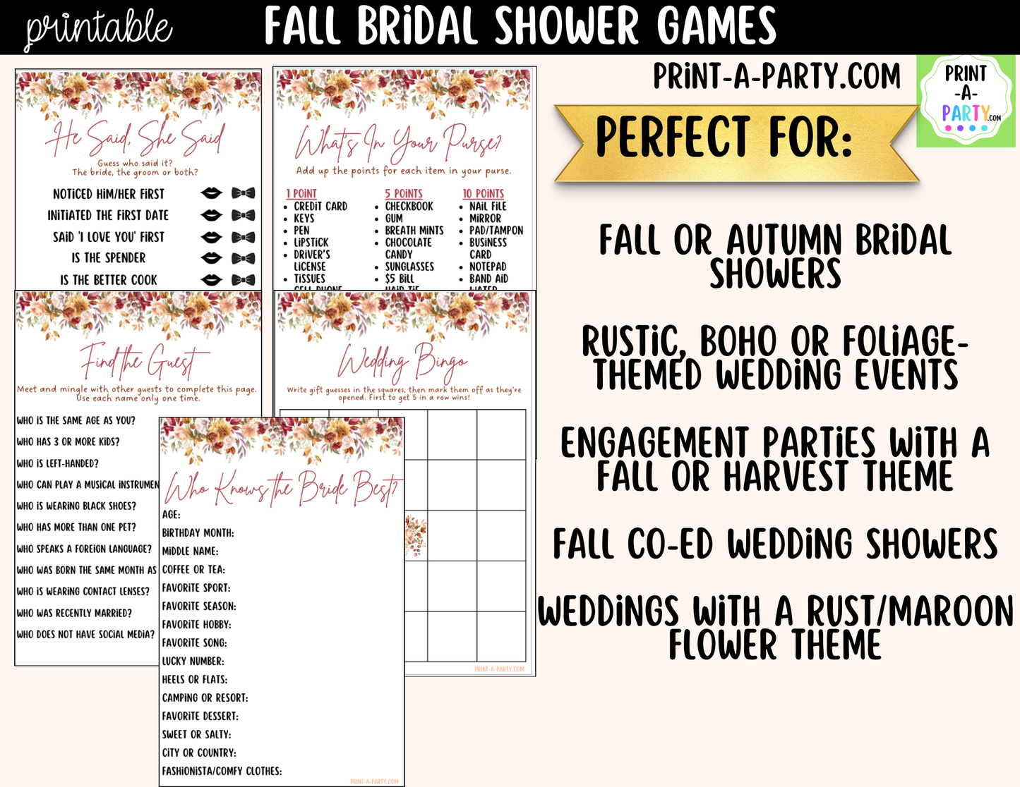 Fall Bridal Shower Games Printable | Autumn Wedding Shower Game Bundle