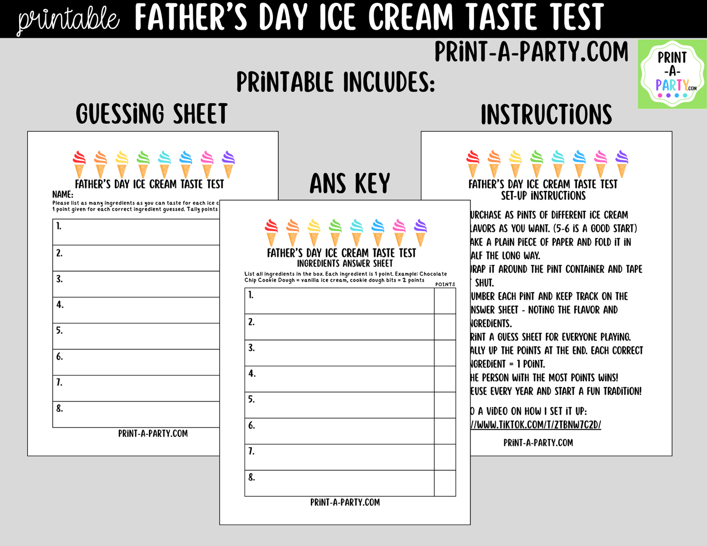 Father's Day Activity - Ice Cream Taste Test Printable - FREE INSTANT DOWNLOAD