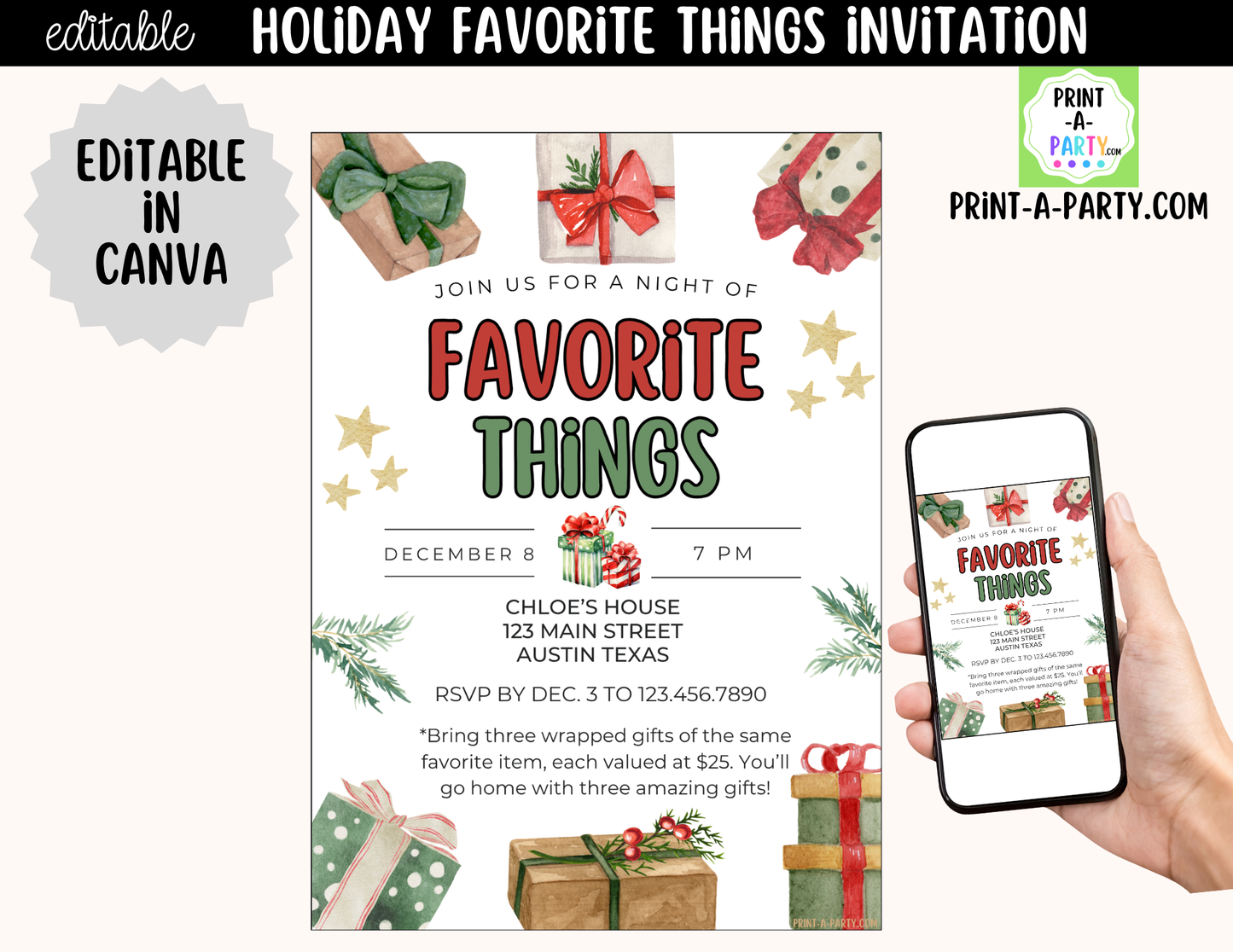 Favorite Things Christmas Party Invitation | Editable Canva Holiday Gift Exchange Invite