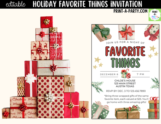 Favorite Things Christmas Party Invitation | Editable Canva Holiday Gift Exchange Invite