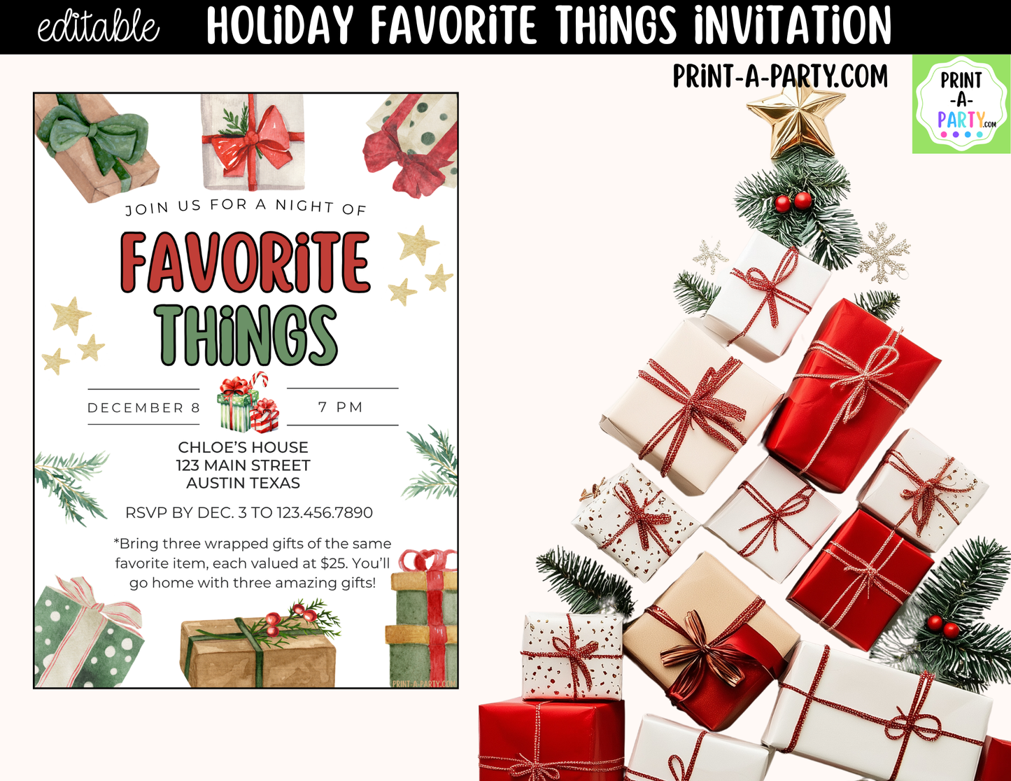 Favorite Things Christmas Party Invitation | Editable Canva Holiday Gift Exchange Invite