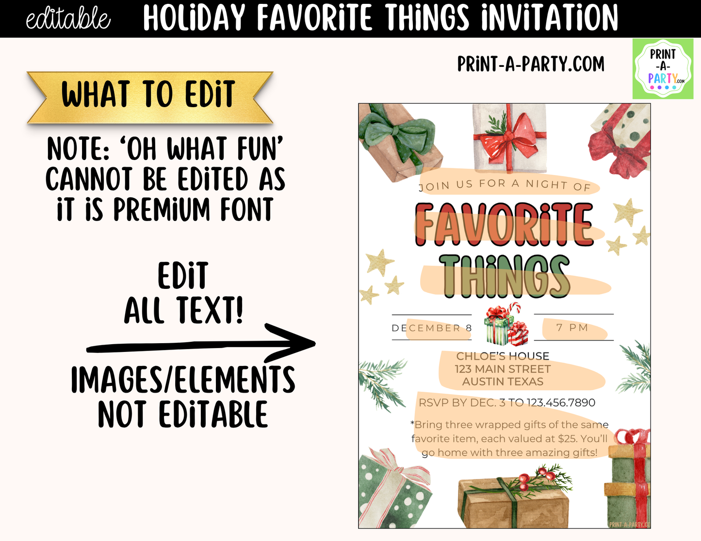 Favorite Things Christmas Party Invitation | Editable Canva Holiday Gift Exchange Invite